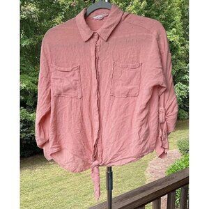 Fashion on Earth Tie Front L/S Blouse Shirt Button Down Western Cabin Roll Tab